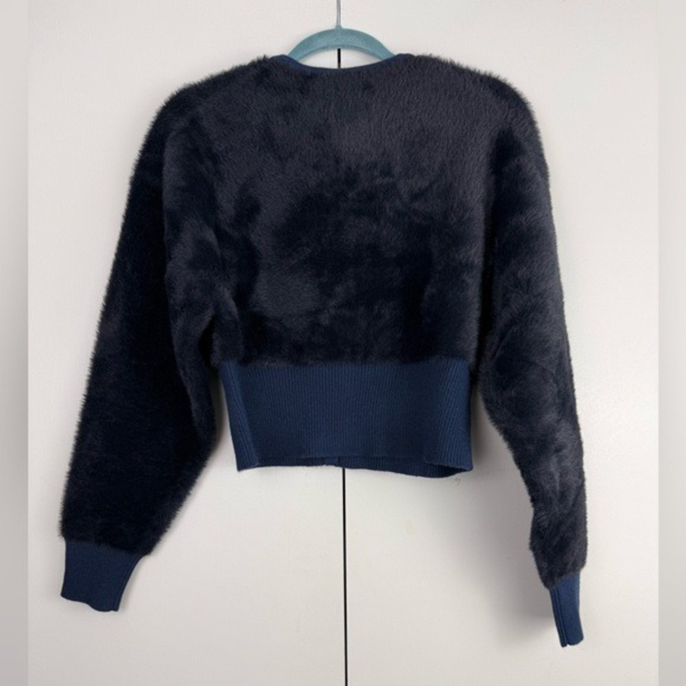 J.Crew Navy Blue Fuzzy Cropped Cardigan Lady Jacket Gold Crest Buttons NWT - Picture 3 of 11